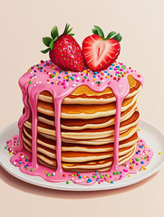 Delicious stack of pancakes with pink glaze, strawberries and colorful sprinkles on top