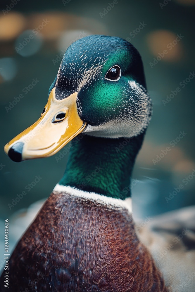 Poster a clear view of a duck's face with blurred surroundings