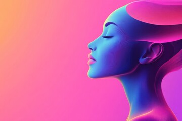 Obraz premium A woman sits with her eyes closed on a bright pink background, evoking a sense of serenity and calm