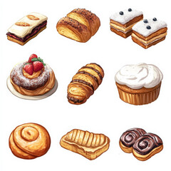 A set of bakery in style of oil drawing