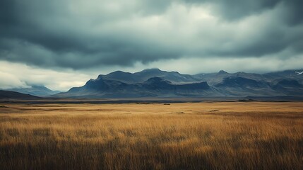 Dramatic landscape with mountains under a stormy sky