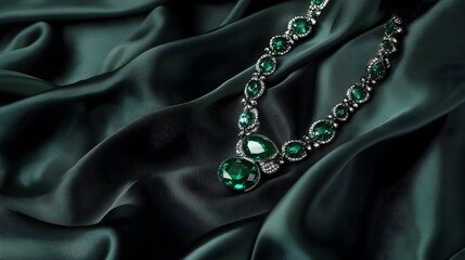 A brilliant emerald necklace draped over an elegant black silk fabric