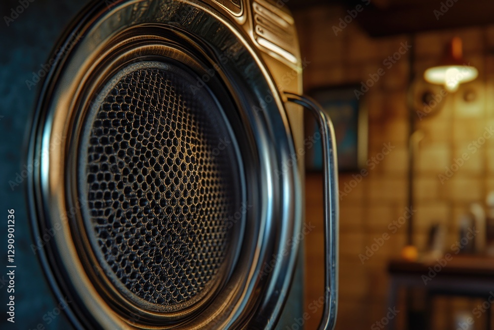 Poster A detailed view of a metallic object on a table or floor, ideal for use in interior design or product photography