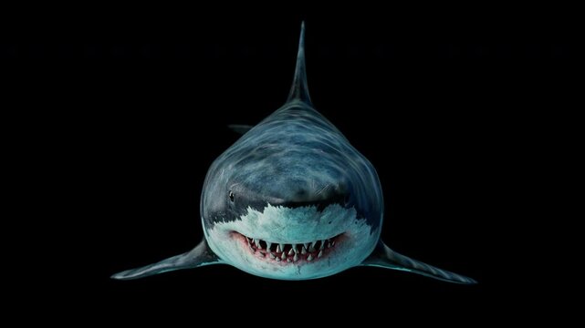 Close-up 3D loop animation of a scary great white shark swimming forward. Ultra-realistic 4K footage with alpha channel. Perfect for films, games, and VFX. Megalodon-inspired predator animation