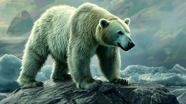 A majestic polar bear navigates a rocky terrain with ice and clouds in the backdrop, showcasing its habitat during dusk
