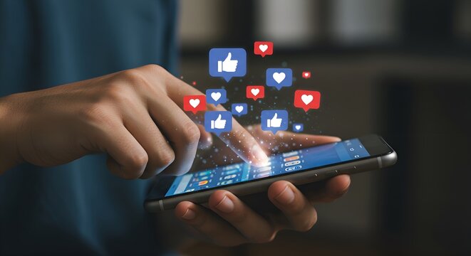 Young man's hand holding a smartphone, scrolling through social media, screen glows softly, and from it, floating Facebook 'Like' (thumbs-up) and 'Love' (heart) icons rise upward - Powered by Adobe
