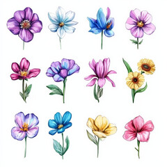 Fototapeta premium A set of flower in style of oil drawing