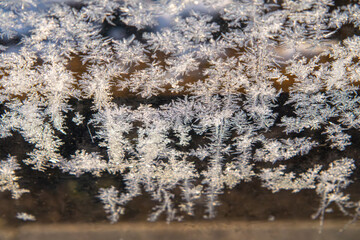 frost painting pictures on the window. frost stars on the window during a cold morning
