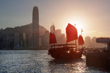 Traditional Chinese sailing ship with red sails, Hong Kong