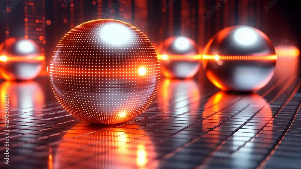Poster metal spheres glow on tech surface. abstract data flows in background for ai, future technology