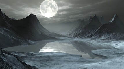 Surreal Lunar Landscape with Frozen Mountain Lake and Ominous Atmosphere