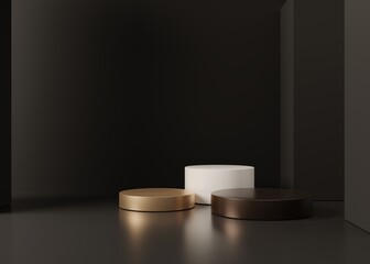 Empty podium or pedestal for product presentation. Round mockup platform on dark background. 3d rendering