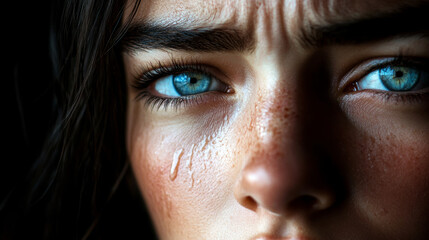 Fototapeta premium Emotional close-up of a young Caucasian woman with freckles, shedding a tear. Dramatic lighting enhances her sorrowful expression, reflecting themes of sadness, loneliness, and mental health.