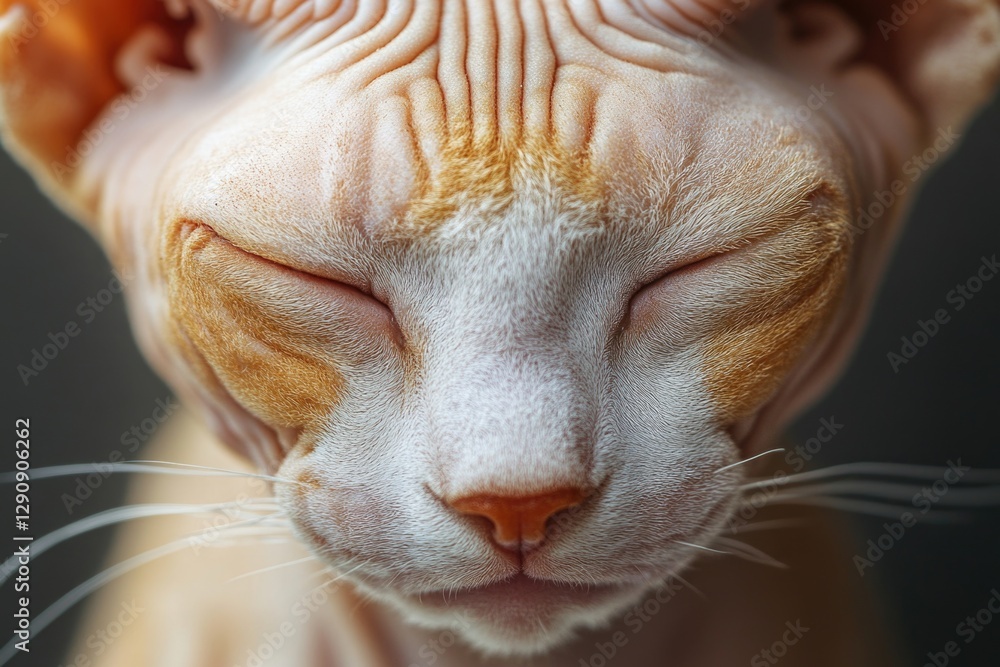 Poster a close-up shot of a cat resting its eyes, its fur fluffed up in a relaxed state