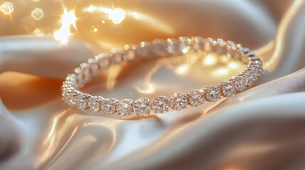 A sparkling diamond bracelet resting on a luxurious satin fabric with soft, glowing light