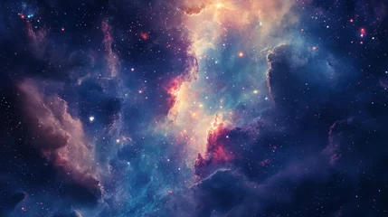 Naadloos Fotobehang Airtex Cosmic nebula in vibrant colors, starry night sky, deep space background with galaxies, cosmic clouds, and swirling astronomical phenomena. © felix_brönnimann
