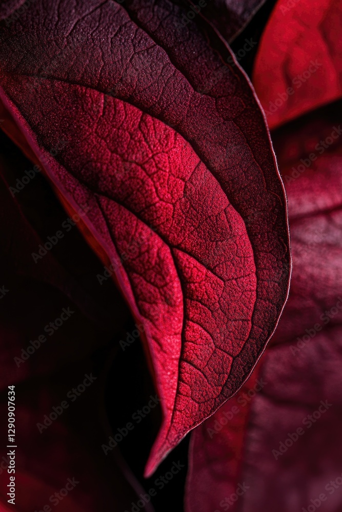 Poster a close-up view of a single red leaf against a dark black background