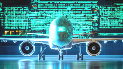 Airplane with Digital Data Overlay Futuristic Cybersecurity Concept