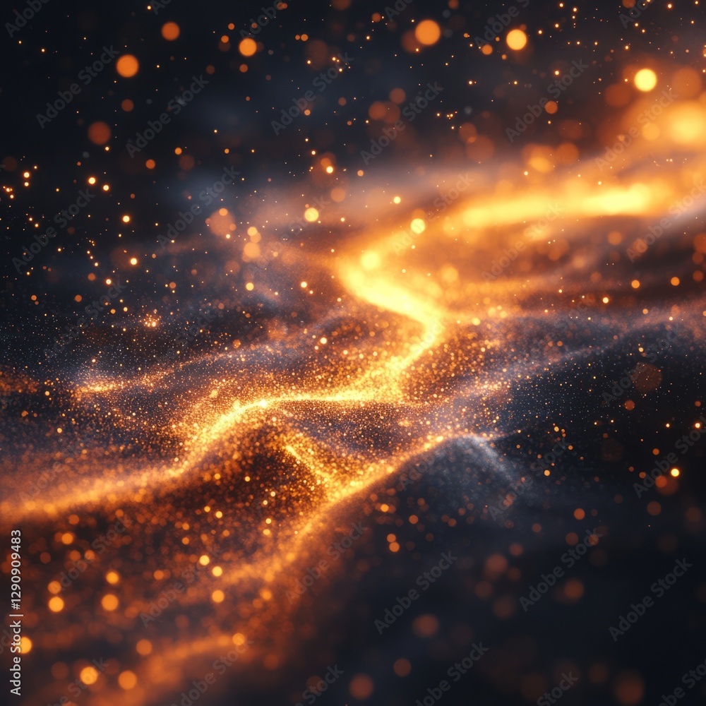 Poster a cloud of 75 softly glowing particles, each moving at different speeds but still flowing uniformly 