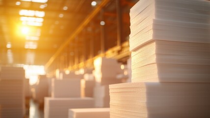 Industrial storage foam sheets stacked in factory efficient manufacturing space warehouse environment aerial view
