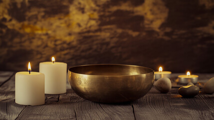 Obraz premium Golden candle flame flickering beside a singing bowl