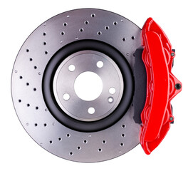 high-performance car disc brake system showcasing a ventilated rotor and a bright red caliper, designed for enhanced stopping power isolated on white background. motorsport and tuning industy.