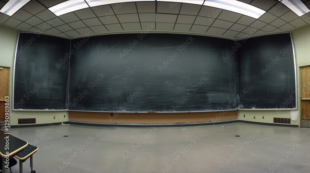 Poster an empty classroom with a large blackboard and a few desks and chairs.