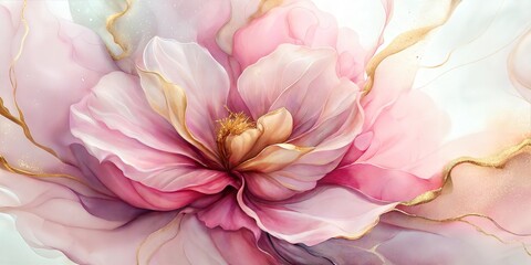 Fototapeta premium Modern Artistic Flower Design with Pink and Gold Hues and Fluid Lines