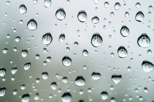 A close-up shot of water droplets on a window, with condensation and rain effects
