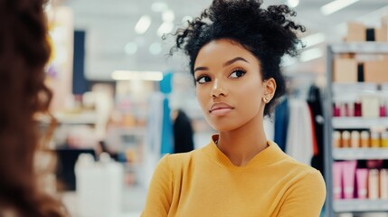 Thief alert at a beauty store, employees noticing suspicious activity. Featuring swift response and beauty product protection