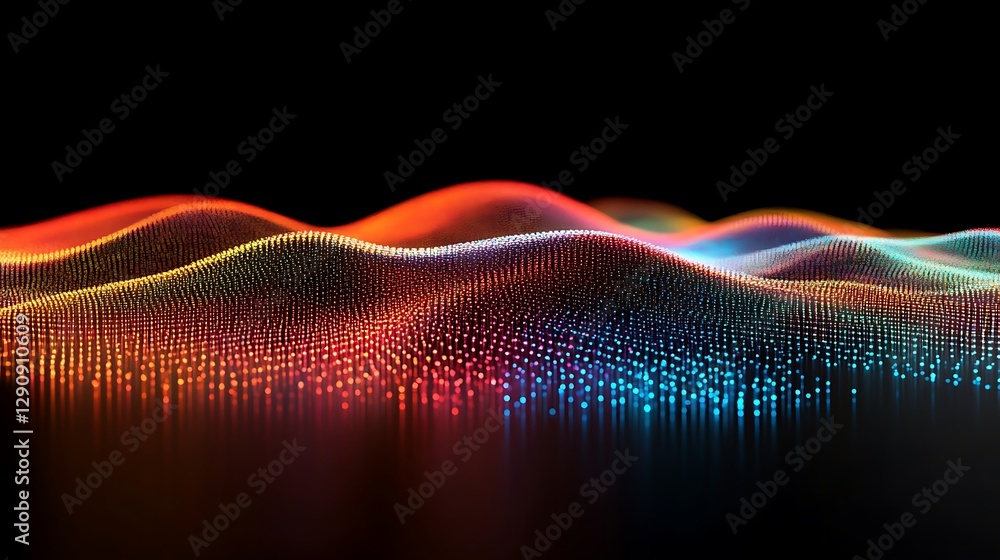 Poster abstract wavy landscape of glowing particles, futuristic data visualization