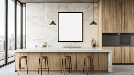Minimalist kitchen interior with blank framed poster mockup on wooden wall. Marble island, wooden cabinets, and pendant lighting create a cozy atmosphere.