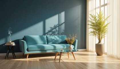 Sunlight filters through sheer curtains, casting soft shadows in a cozy living area. A stylish turquoise couch and a glass table invite relaxation. Vibrant plants add a refreshing touch