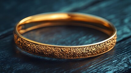 A vintage-style gold bracelet with intricate engravings, placed elegantly on a dark wooden surface