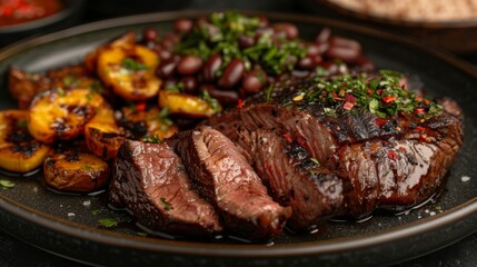 Deliciously cooked grilled steak slices accompanied by roasted sweet potatoes and black beans, topped with fresh herbs and spices, creating a mouthwatering culinary experience.