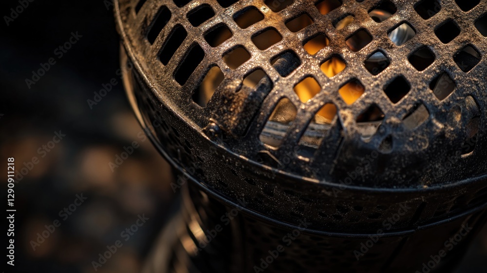 Poster a close-up view of a metal object featuring circular holes, useful for illustration purposes