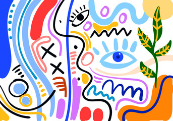 abstract illustration featuring bold colors, geometric shapes, expressive eyes, and dynamic doodles.