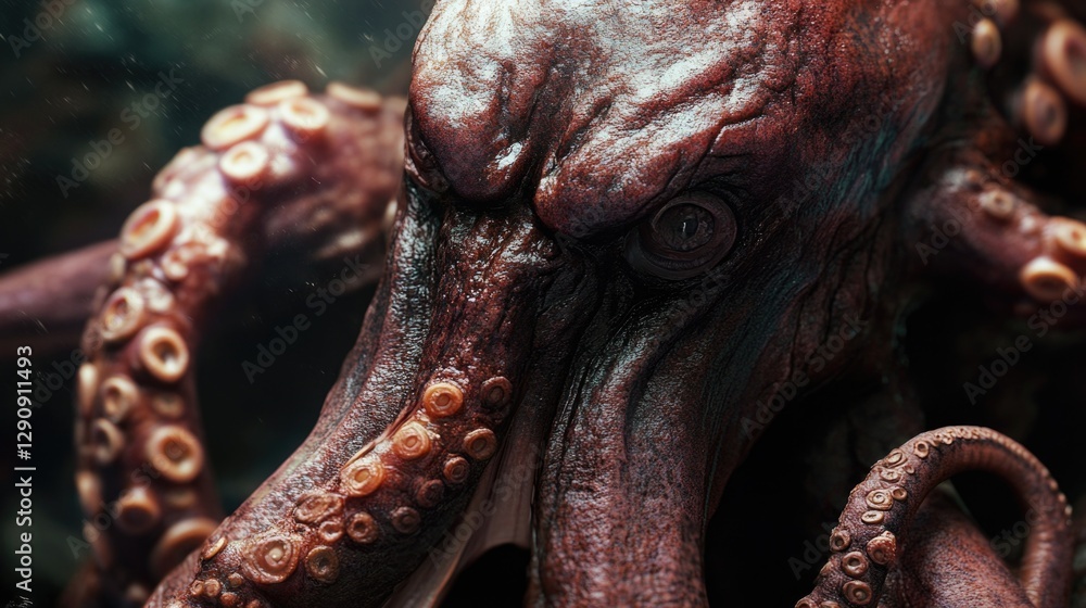 Poster close-up view of an octopus's head and tentacles