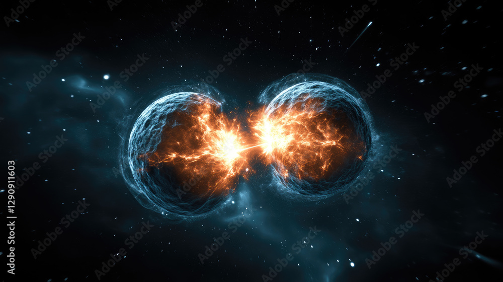 Wall mural two celestial bodies collide, creating a bright explosion in a cosmic setting filled with stars and 