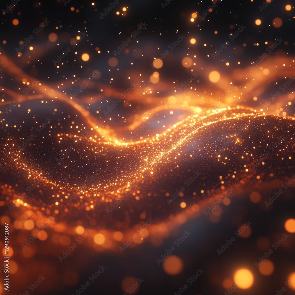 Poster a dynamic stream of 75 particles, gently glowing in different colors, moving fluidly in one directio