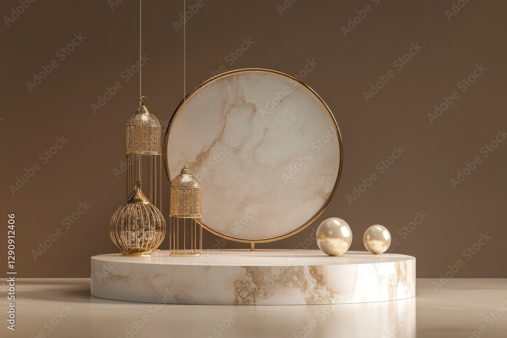 Poster podium with islamic ramadan elements, featuring lanterns and crescent moons in gold on the left side