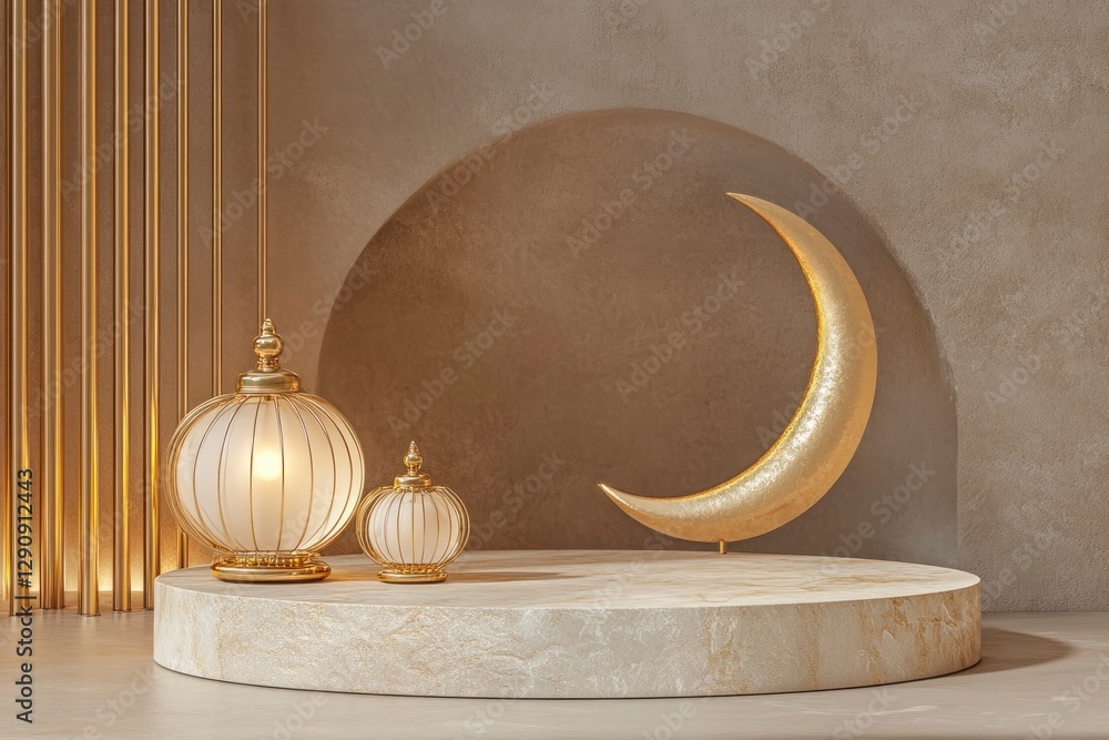 Poster podium with islamic ramadan elements, featuring lanterns and crescent moons in gold on the left side