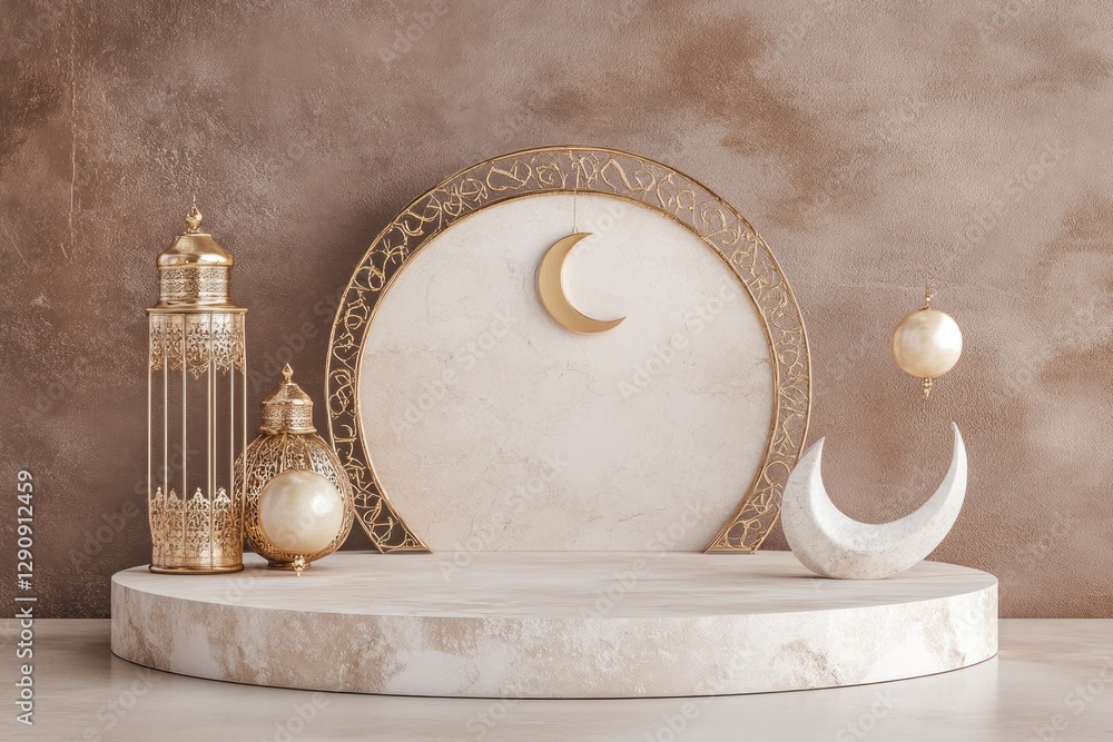 Poster podium with islamic ramadan elements, featuring lanterns and crescent moons in gold on the left side