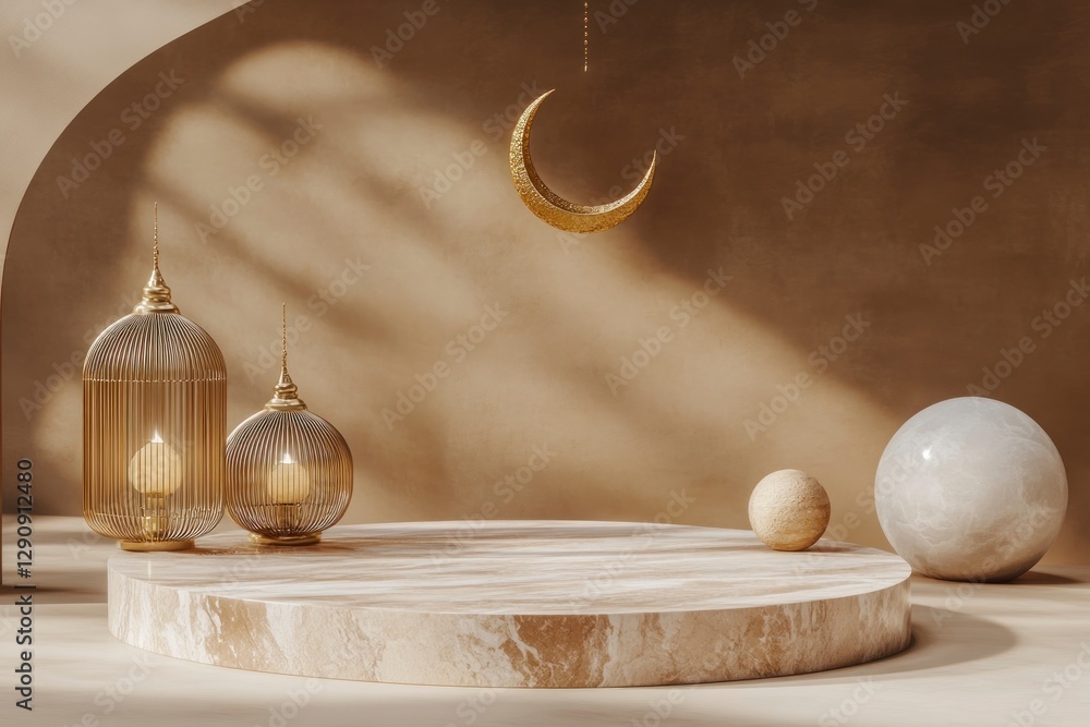 Poster podium with islamic ramadan elements, featuring lanterns and crescent moons in gold on the left side