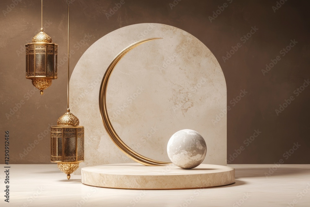 Poster podium with islamic ramadan elements, featuring lanterns and crescent moons in gold on the left side