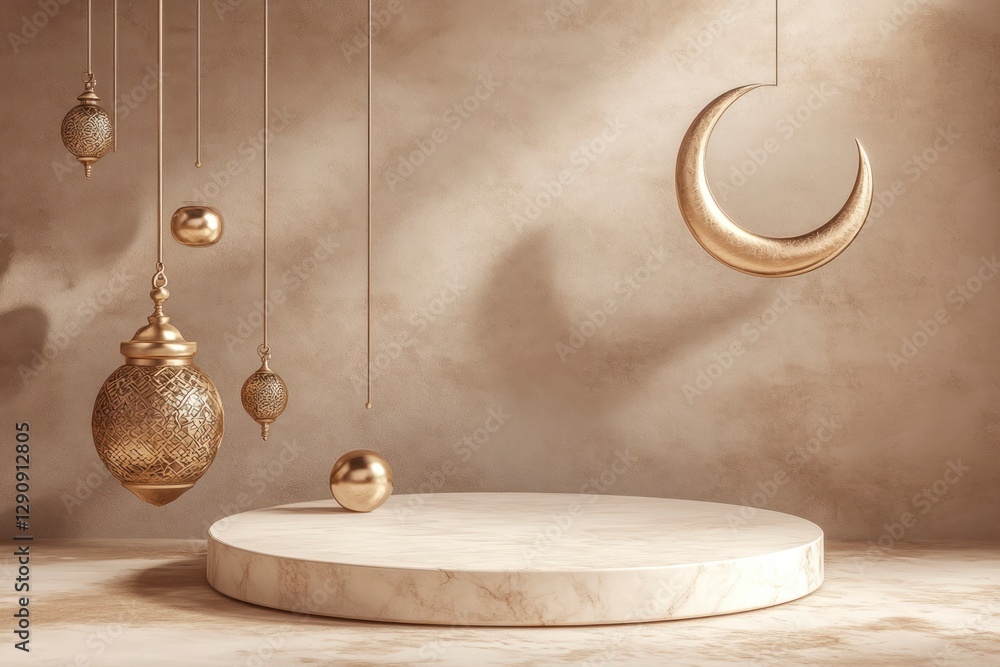 Poster podium with islamic ramadan elements, featuring lanterns and crescent moons in gold on the left side
