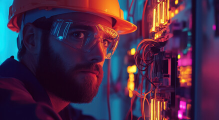 Obraz premium An engineer inspects and repairs electrical systems in a power plant facility at dusk, ensuring optimal performance and safety