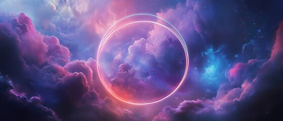 Obraz premium Colorful cosmic clouds with glowing circle, abstract galaxy background with stars, vibrant nebula scene, dreamy universe, space art concept.