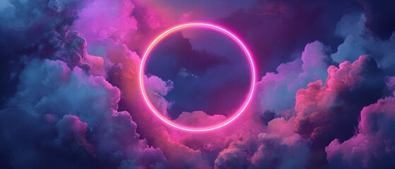 Naklejka premium Colorful clouds with a glowing pink circle, dreamy sky background, abstract aesthetics, vibrant colors in evening twilight, mystical atmosphere.
