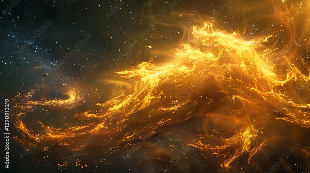 Poster an abstract rendering of swirling, glowing golden particles and lines in space.